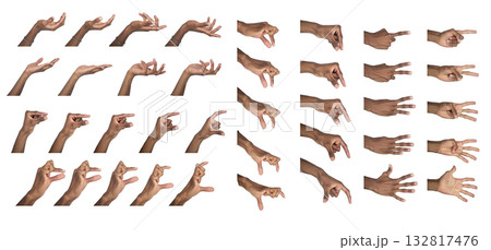 Hand gesture set. Dark-skinned male showing finger poses for counting, grasp and hold, presenting Hand gesture set. Dark-skinned male showing finger poses for counting, grasp and hold, presenting 132817476
