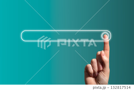 Hand touching virtual search bar. Finger interacting with glowing digital interface, neon gradient Hand touching virtual search bar. Finger interacting with glowing digital interface, neon gradient 132817514