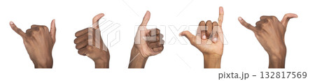 Shaka hand gesture. Dark-skinned male showing thumb and pinky raised in cool surfer sign, relaxed Shaka hand gesture. Dark-skinned male showing thumb and pinky raised in cool surfer sign, relaxed 132817569