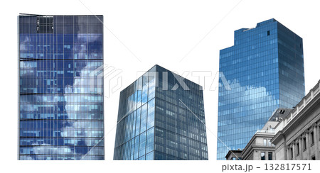 Skyscraper building exterior set. Tall modern glass tower with blue reflection of sky and clouds Skyscraper building exterior set. Tall modern glass tower with blue reflection of sky and clouds 132817571