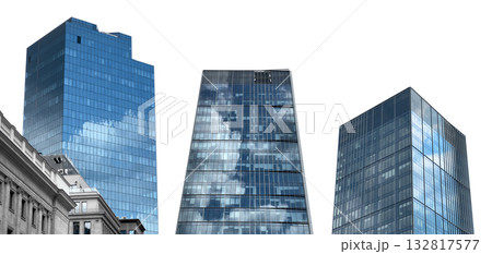 Skyscraper building tower. Modern glass facade with reflective windows, tall architecture under blue Skyscraper building tower. Modern glass facade with reflective windows, tall architecture under blue 132817577
