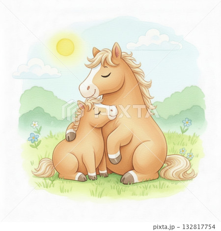 水彩風 家族の馬が緑の野原を歩む、温かく優しい親子の絆を感じる可愛いイラスト 132817754