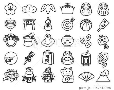 いろいろな、正月アイコン（線画）のイラストセット 132818260