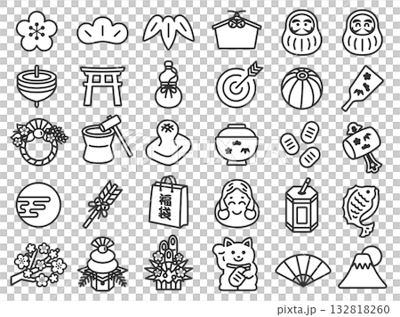 いろいろな、正月アイコン（線画）のイラストセット 132818260