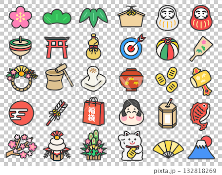 Various New Year's icon (line drawing color) illustration set Various New Year's icon (line drawing color) illustration set 132818269