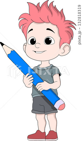 Cartoon Boy Standing with Big Pencil Education Vector Illustration 132818319