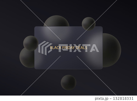 Minimalistic banner with a glossy dark panel and floating black spheres on a smooth gradient background. Minimalistic banner with a glossy dark panel and floating black spheres on a smooth gradient background. 132818331
