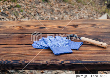 blue work gloves and a garden cultivator rake on a table blue work gloves and a garden cultivator rake on a table 132818850