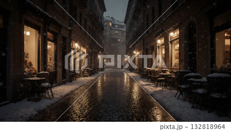 雪の降る夜の街並み 132818964