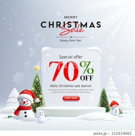 Merry Christmas and happy new year sale, white podium stand display, christmas tree and snowman on snow poster design 132819062