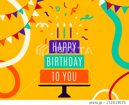 Happy birthday vector illustration. Birth greeting card, celebrate poster, banner with birthday cake, confetti and serpentine in colorful minimalist lines Happy birthday vector illustration. Birth greeting card, celebrate poster, banner with birthday cake, confetti and serpentine in colorful minimalist lines 132819075