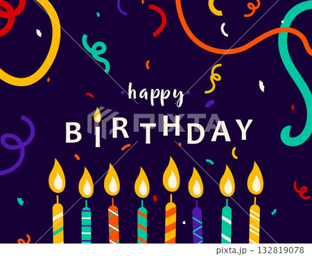 Happy birthday vector illustration. Birth greeting card, celebrate poster, banner with birthday candle, confetti and serpentine in colorful minimalist lines 132819078