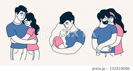Loving Couples Hugging set. Cute Romantic Man and Woman. Minimalist Doodle drawing. Vector Illustration Isolated People on White Background Loving Couples Hugging set. Cute Romantic Man and Woman. Minimalist Doodle drawing. Vector Illustration Isolated People on White Background 132819096