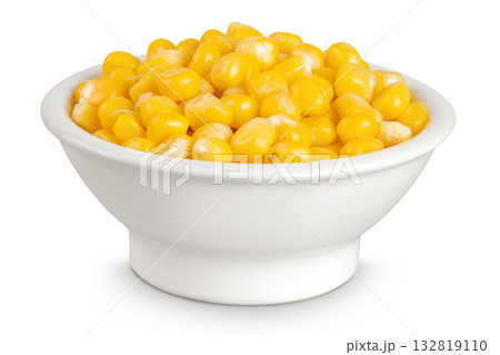 corn seeds in ceramic bowl isolated on white background with full depth of field 132819110
