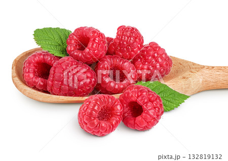Ripe raspberries in wooden spoon isolated on a white background 132819132