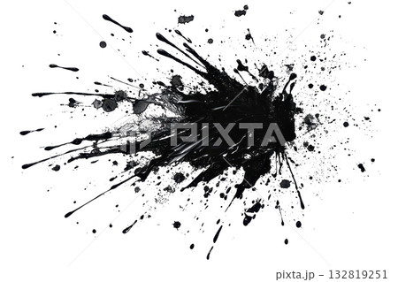 A dynamic explosion of black liquid splatter radiates outward with various droplets creating an energetic and chaotic appearance. A dynamic explosion of black liquid splatter radiates outward with various droplets creating an energetic and chaotic appearance. 132819251