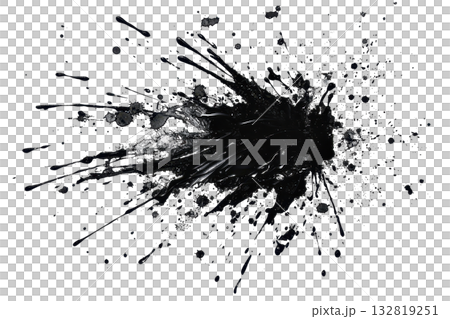 A dynamic explosion of black liquid splatter radiates outward with various droplets creating an energetic and chaotic appearance. A dynamic explosion of black liquid splatter radiates outward with various droplets creating an energetic and chaotic appearance. 132819251