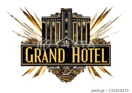 An elegant logo for the "Grand Hotel" featuring Art Deco design elements and striking geometric shapes in gold and black. 132819273