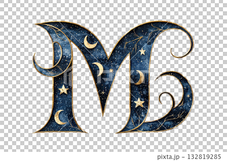 A decorative letter "M" filled with celestial designs, including stars and moons, set against a dark background. 132819285