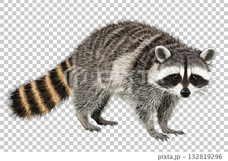 A detailed illustration of a raccoon showcasing its distinctive fur patterns and facial markings. A detailed illustration of a raccoon showcasing its distinctive fur patterns and facial markings. 132819296