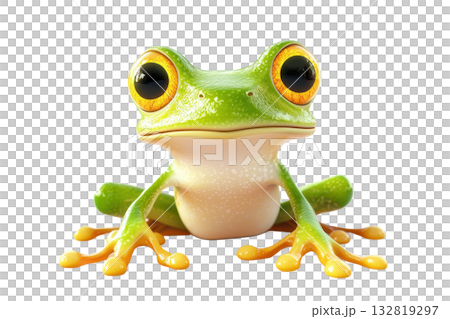 A vibrant green frog with distinctive yellow eyes and orange webbed feet, sitting confidently. 132819297