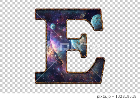 A colorful letter 'E' filled with a cosmic, starry pattern showcasing planets and galaxies. 132819319