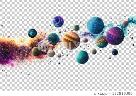 A colorful arrangement of various planets, featuring distinct textures and shades, set against a cosmic backdrop. A colorful arrangement of various planets, featuring distinct textures and shades, set against a cosmic backdrop. 132819399