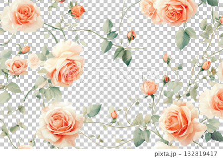 A vibrant arrangement of soft peach roses intertwined with delicate green leaves. 132819417