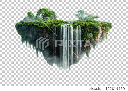 A stunning floating island features lush greenery and cascading waterfalls, creating a breathtaking natural spectacle. 132819420