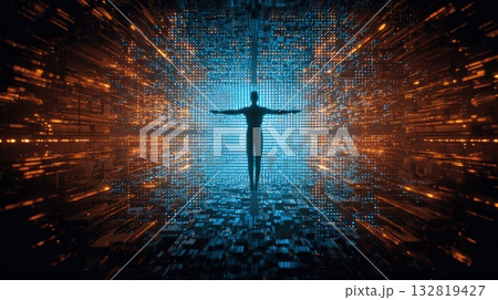 Silhouette in a Neon Digital Corridor Surrounded by Blue and Orange Lights, Symbolizing Tech Connectivity Silhouette in a Neon Digital Corridor Surrounded by Blue and Orange Lights, Symbolizing Tech Connectivity 132819427