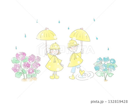 紫陽花と傘をさす子供のイラスト素材 132819428