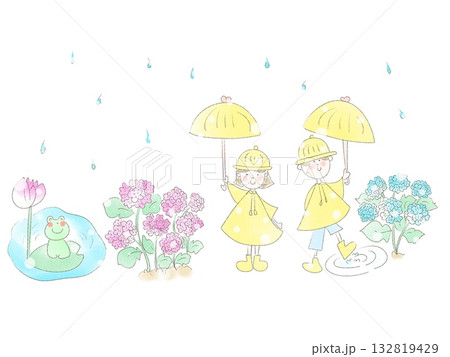 紫陽花と傘をさす子供とかえるのイラスト 132819429