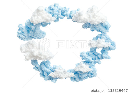 A round arrangement of fluffy white and blue clouds creating a dreamy, soft appearance. 132819447