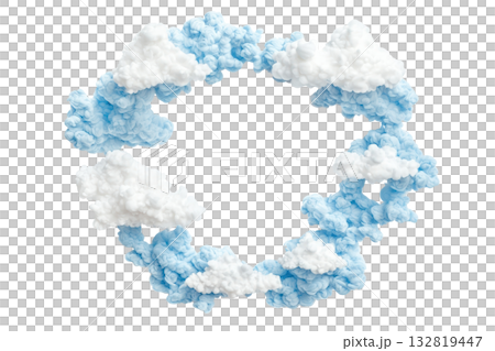 A round arrangement of fluffy white and blue clouds creating a dreamy, soft appearance. 132819447