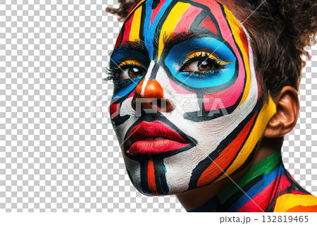 A vibrant portrait featuring a woman with intricate, colorful face paint against a dark background, showcasing artistic expression and creativity. A vibrant portrait featuring a woman with intricate, colorful face paint against a dark background, showcasing artistic expression and creativity. 132819465