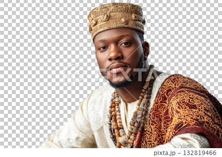 A dignified man in traditional attire adorned with beads and a crown, showcasing cultural heritage against a dark background. 132819466
