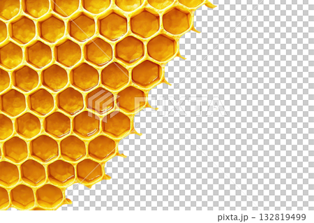 Close-up of a honeycomb structure, showcasing its hexagonal cells with a rich, golden hue against a dark background. 132819499