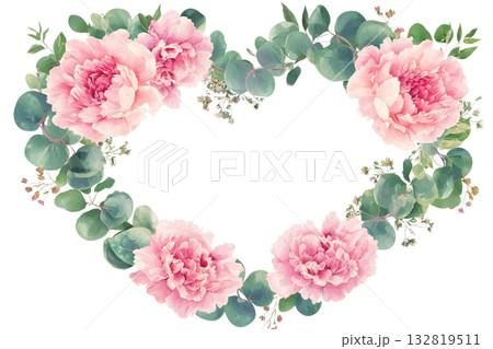 A heart-shaped arrangement of pink peonies intertwined with green eucalyptus leaves. 132819511