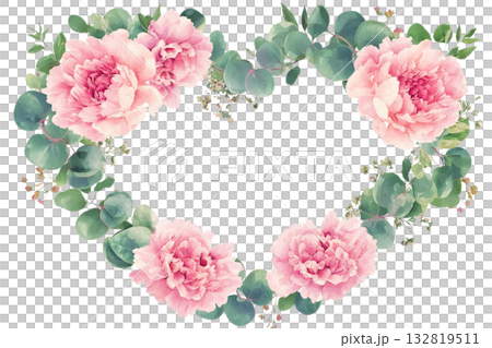 A heart-shaped arrangement of pink peonies intertwined with green eucalyptus leaves. 132819511