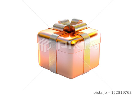 A beautifully wrapped gift box adorned with golden ribbons and a shiny bow, emphasizing a festive and elegant appearance. 132819762