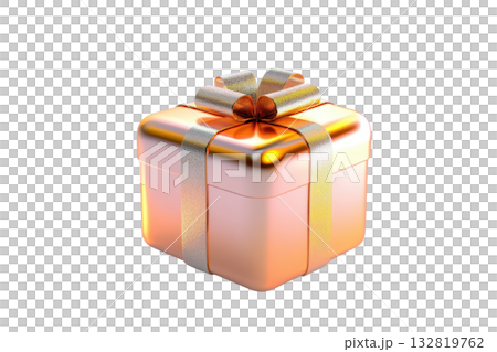 A beautifully wrapped gift box adorned with golden ribbons and a shiny bow, emphasizing a festive and elegant appearance. 132819762