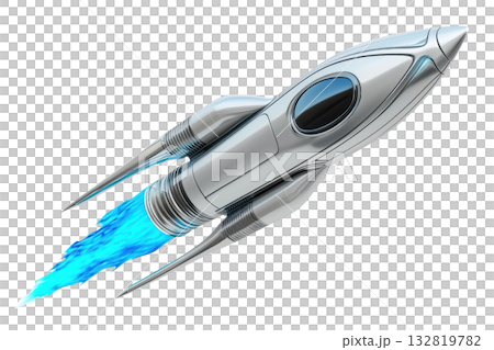 A sleek, modern rocket ship with blue exhaust flames, designed for futuristic space travel. 132819782