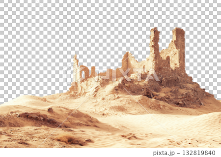 A weathered ruin stands amidst a barren landscape, showcasing remnants of ancient architecture against a stark transparent background. 132819840
