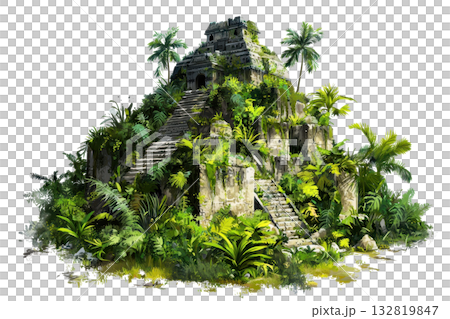 An ancient pyramid structure surrounded by lush tropical vegetation and towering palm trees. 132819847