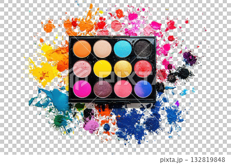 A vibrant palette of twelve colorful eyeshadows arranged neatly on a base with splashes of paint in various hues surrounding it. A vibrant palette of twelve colorful eyeshadows arranged neatly on a base with splashes of paint in various hues surrounding it. 132819848
