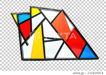 A geometric arrangement of colored glass pieces, featuring vibrant red, yellow, blue, and white sections framed in black. 132820014