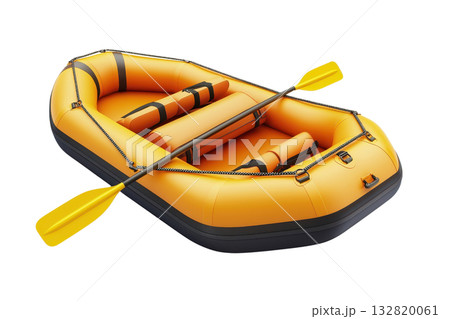 An inflatable orange raft with yellow paddles, designed for water activities and outdoor adventures. An inflatable orange raft with yellow paddles, designed for water activities and outdoor adventures. 132820061