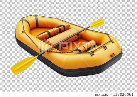 An inflatable orange raft with yellow paddles, designed for water activities and outdoor adventures. An inflatable orange raft with yellow paddles, designed for water activities and outdoor adventures. 132820061