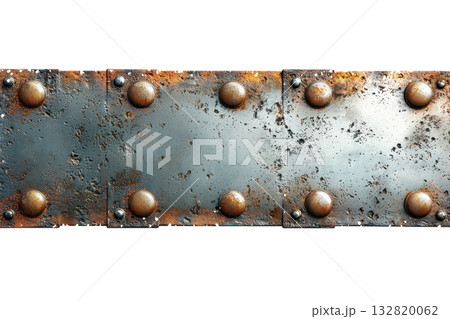 A metal plate featuring visible rust and rivets, showcasing a weathered, industrial design. 132820062