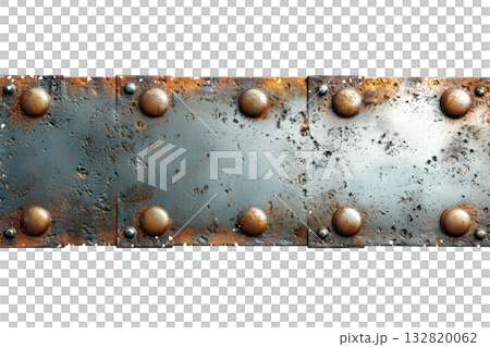 A metal plate featuring visible rust and rivets, showcasing a weathered, industrial design. 132820062